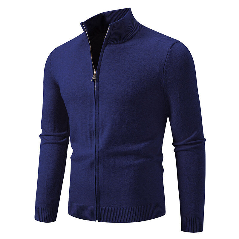 Stand Collar Simple Zipper Solid Color Cardigan Sweater