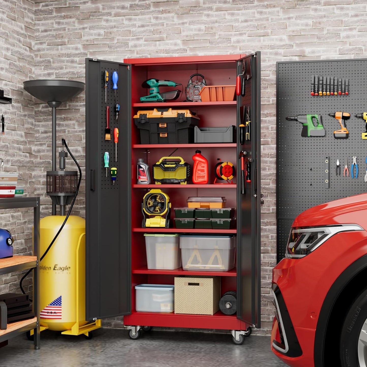 Garage Storage Cabinet With Pegboard And 5 Adjustable Shelves, Metal Lockable Cabinet With Magnetic Doors,Tool Storage,Home Office Garage,Gym,School Black-red