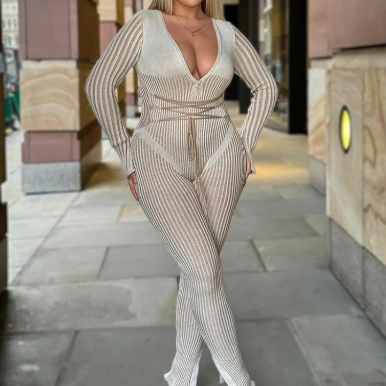 New Women's Sexy Deep V-neck Striped Tied Long Sleeves Jumpsuit