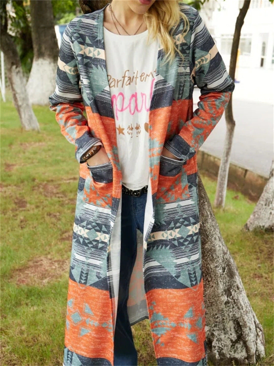 Geometric Print Cardigan Thickened Large Size Slim And Long Trench Coat