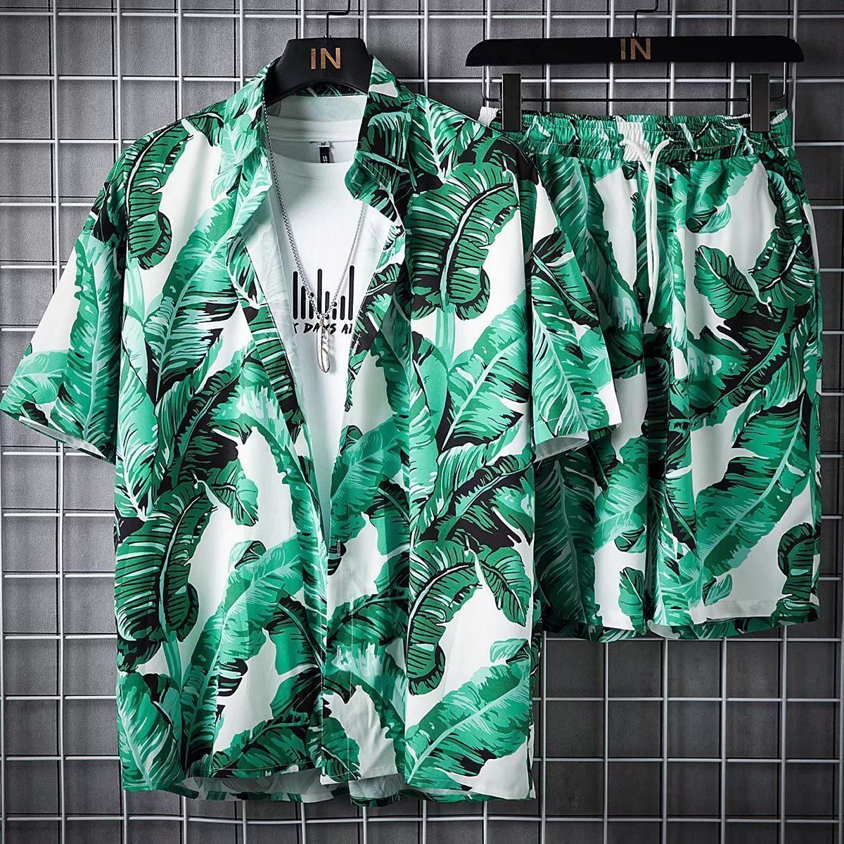 Mens Short-Sleeve Shirt And Casual Shorts Set