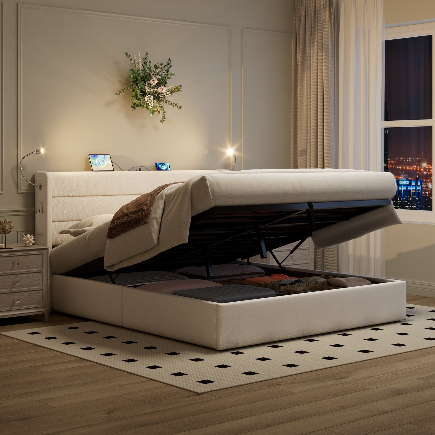 Double Upholstered Bed With Charging Station, Linen Hydraulic Storage Bed With Adjustable LED Reading Light, 4ft6 Double Bed With USB And Type - C Ports, Beige No Mattress