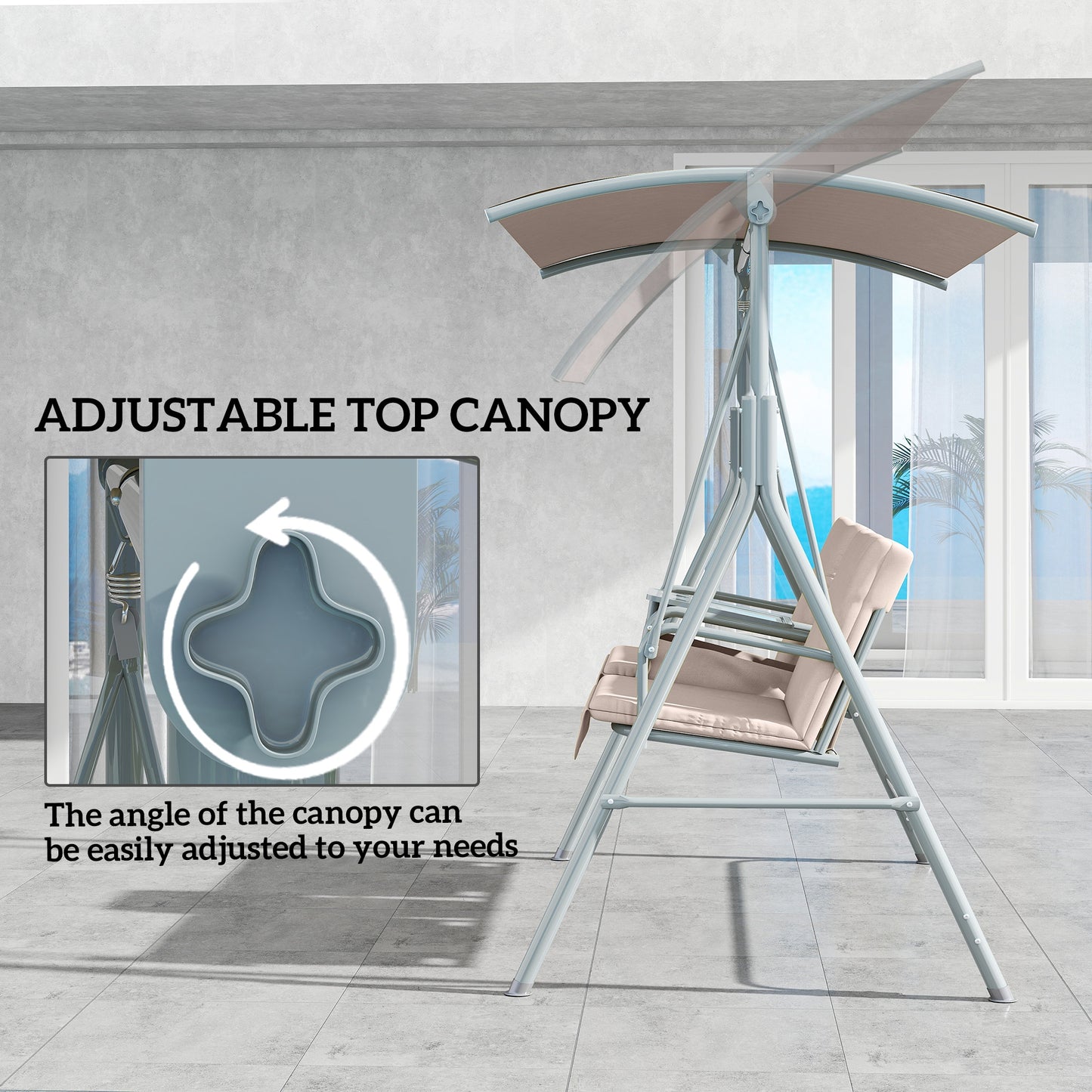 2 Seater Garden Swing Chair Patio Rocking Bench W/ Tilting Canopy, Double Padded Seats, Storage Bag And Tray, Beige