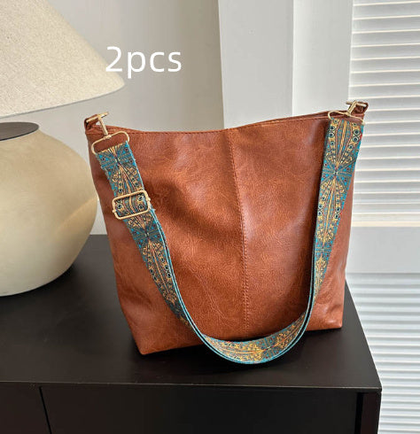 Women's Shoulder Bag With Ethnic Style Wide Shoulder Strap Ins Large Capacity Bucket Crossbody Bags Fashion Handbag