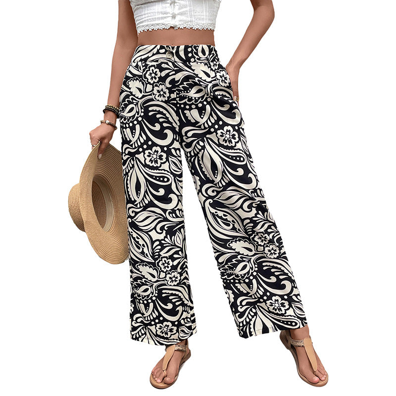 Floral Printed Trousers Women's High Waist Straight