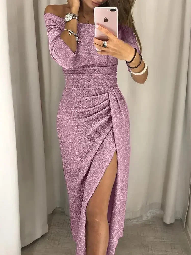 Women's Off Shoulder Long Sleeve Bodycon Evening Party Long Dress Asymmetrical Split Pencil Dresses S M L XL XXL