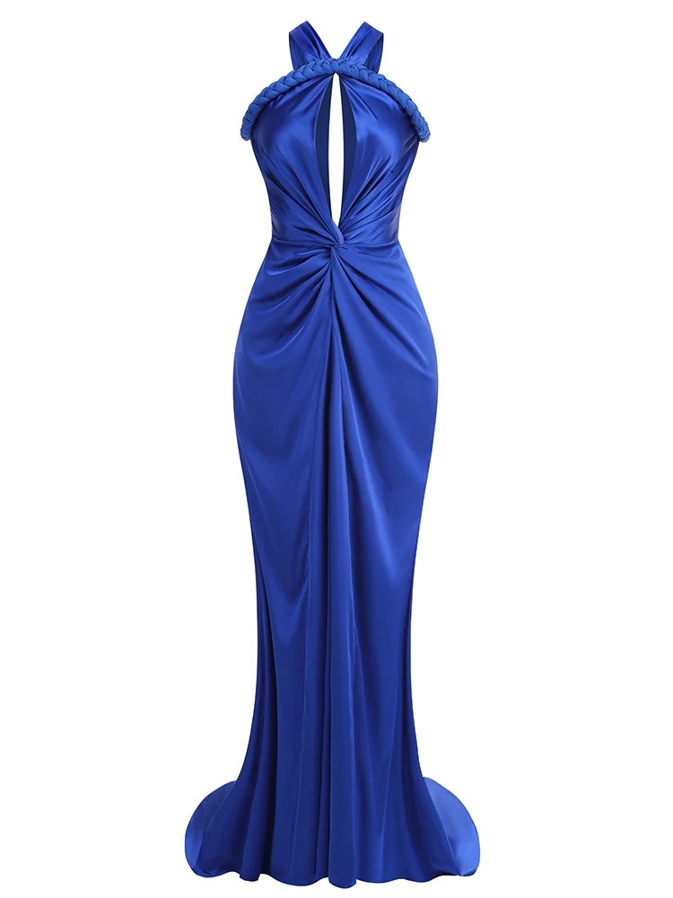 Sexy Asymmetrical Straps Hollow Out Maxi Dress Women Red Sleeveless Backless Slim Mermaid Maxi Dresses Evening Party Gowns