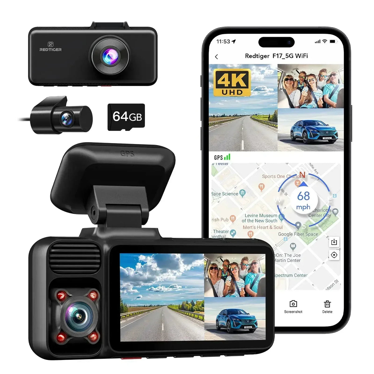 REDTIGER 3 Channel Car Camera 4k Dash Camera for IR Night Vision Car Dvr for 5G WiFi Triple Car Cameras Built-in GPS WDR