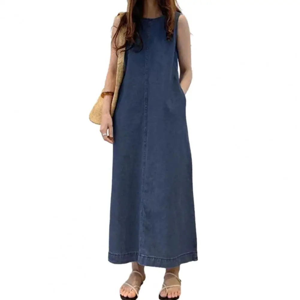 Comfortable Fabric Dress Elegant Maxi Dress with Pockets for Women Solid Color O Neck Ankle Length Lady Dating Dress Soft