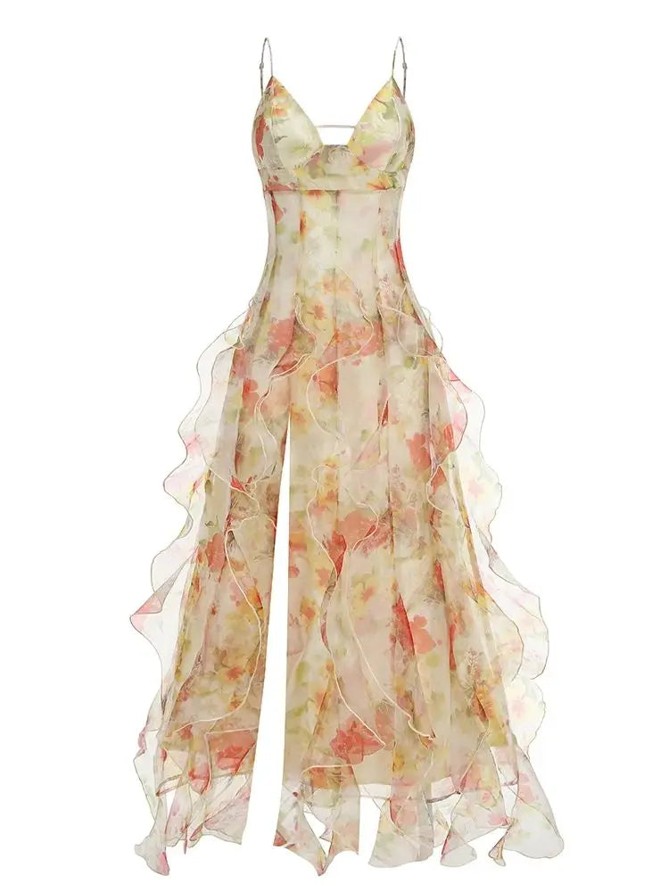 Summer New 2024 Women Sexy V Neck Backless Flower Chiffon Maxi Gowns Dress Split Celebrity Cut Out Beach Maxi Dress