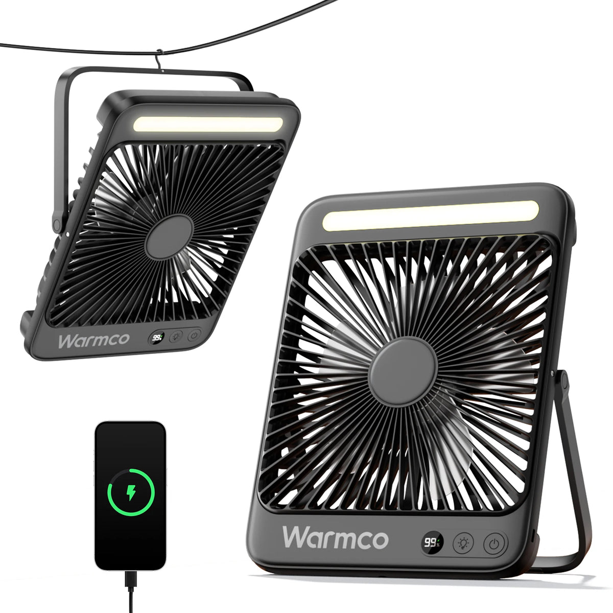 Warmco 20000mAh 8-inch Portable Camping Fan,LED Light, Quiet Thin Battery Desk Personal Fan With Digital Display for Outdoor