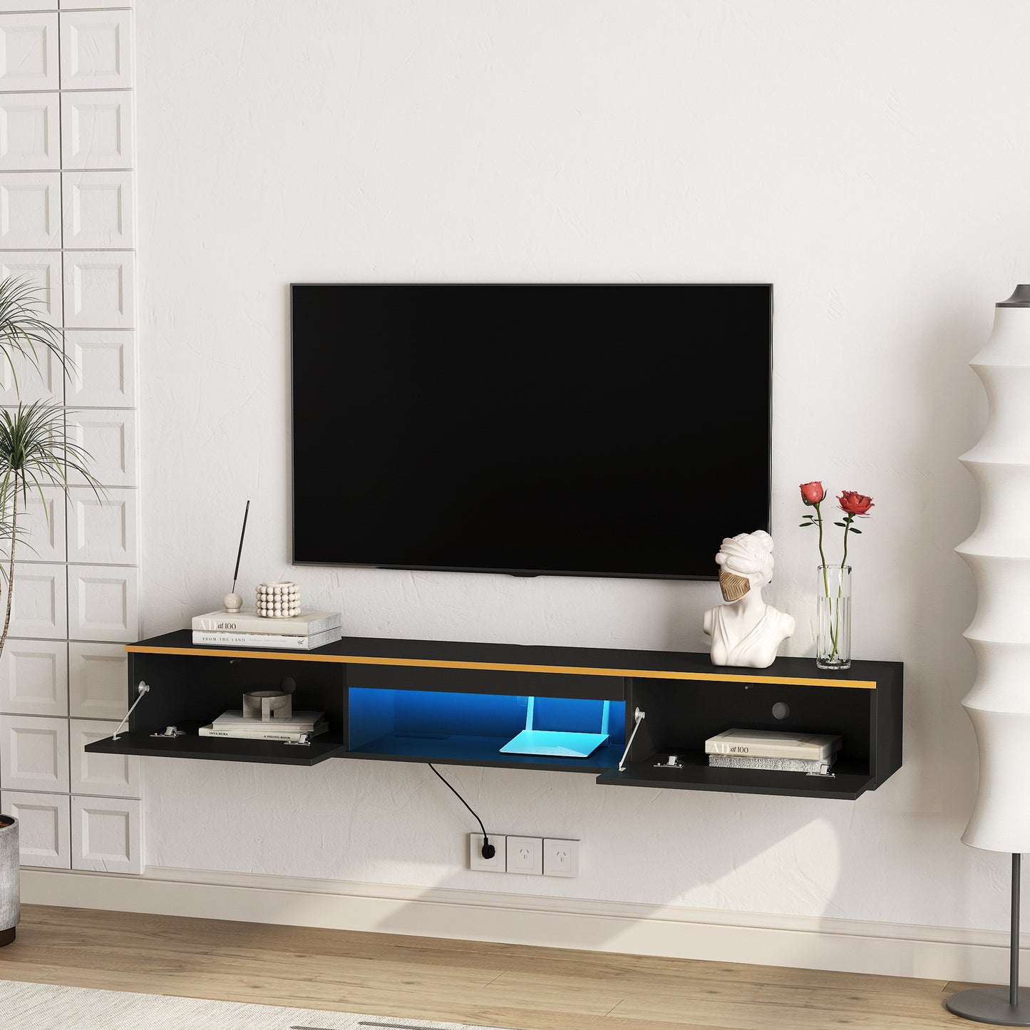 Floating TV Stand Wall Mounted With 16 Color LEDs,Modern TV Stand, Floating TV Cabinet Entertainment Center For 55 60 65 Inch TV,Black