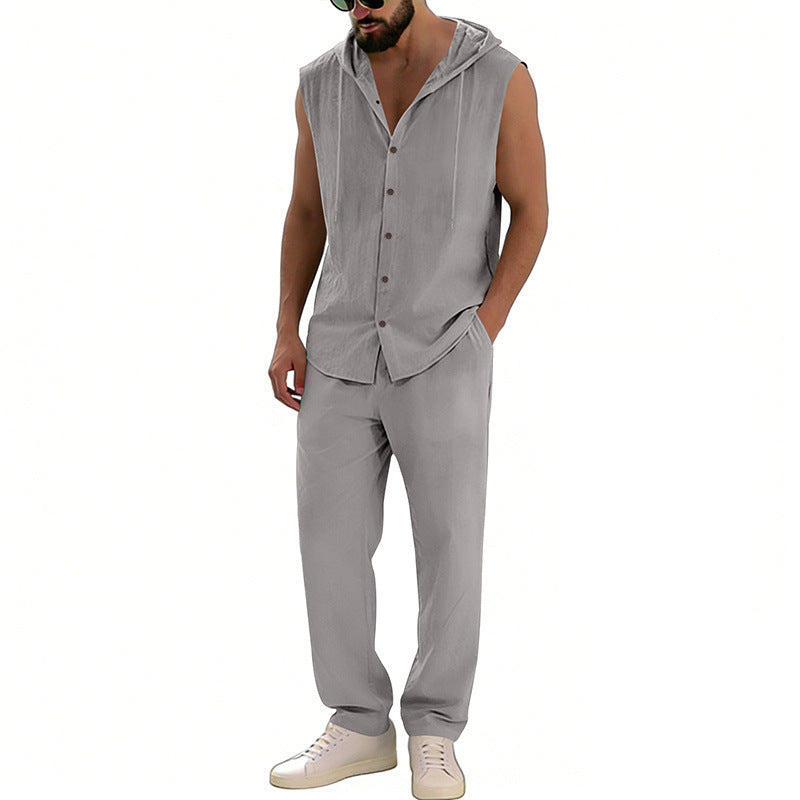 Loose-fitting Casual Hooded Sleeveless Shirt And Pants Set