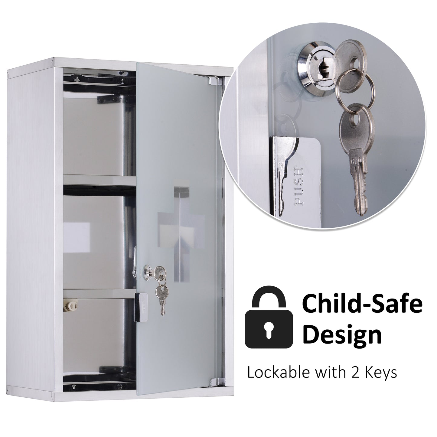 Medicine Cabinet Lockable 12x20, Stainless Steel, 3 Tier With Shelves For Bathroom Storage