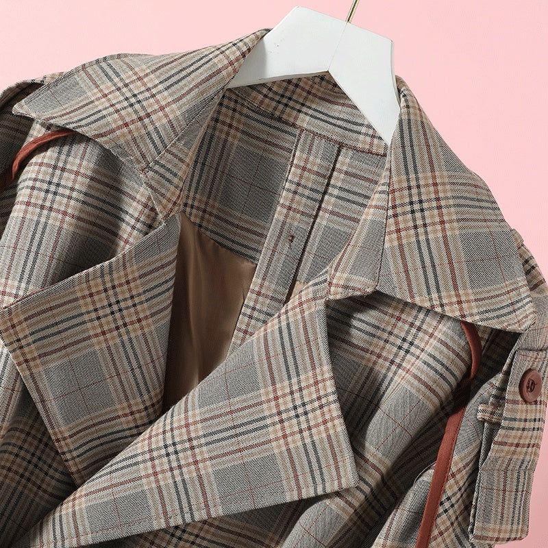 Mid-length Plaid Patch Acrylic Korean Windbreaker