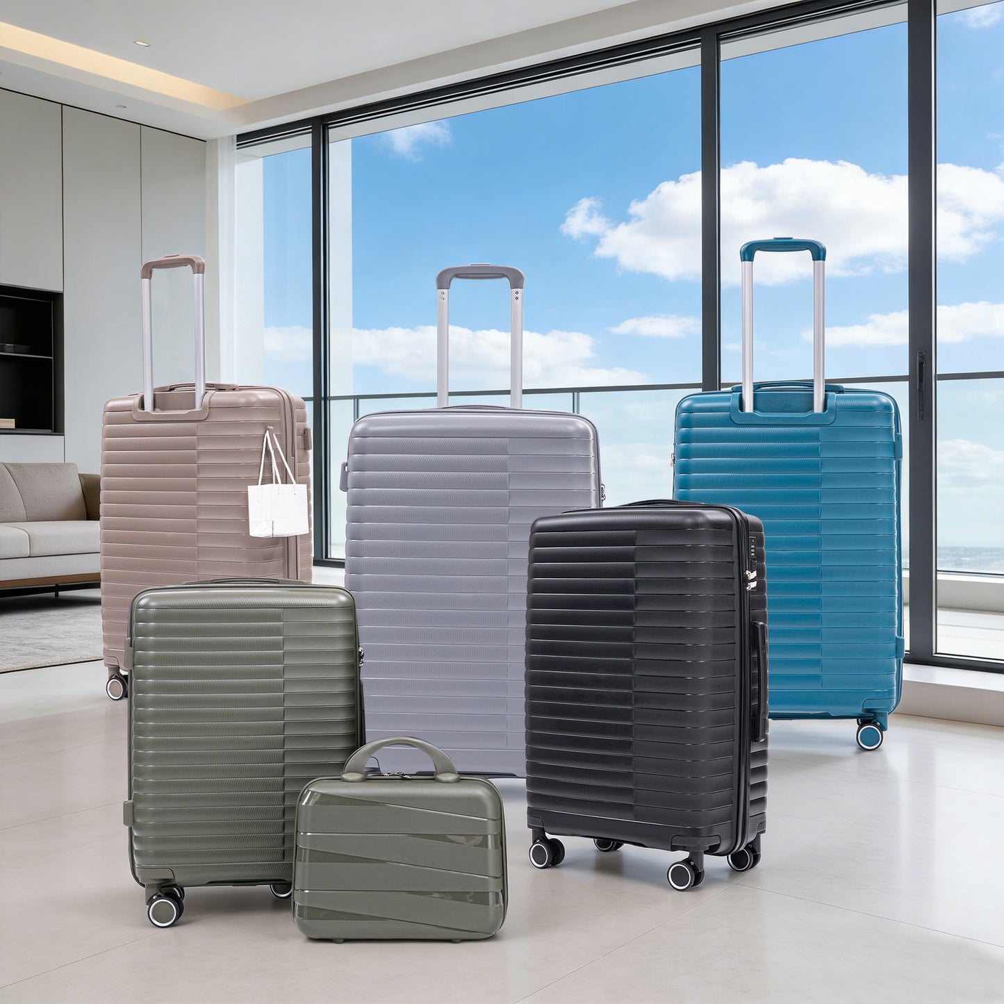 14 20 24 28 4 Pcs Set In PP Spinner Wheel Luggage, Carry On Suitcase, Iron Pull Rod, Combination Password Lock, 14 Cosmetic Case Green