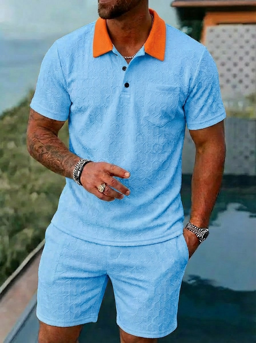 Mens Fashionable Breathable Color-Block Pocket Short-Sleeve Set