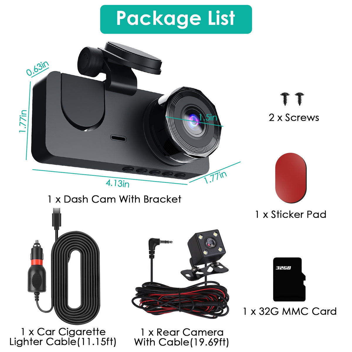 3 Channel Dash Cam Front Inside Rear Vehicle Driving Recorder Car DVR With 32G MMC Card G Sensor Motion Detection Parking Monitor Loop Recording