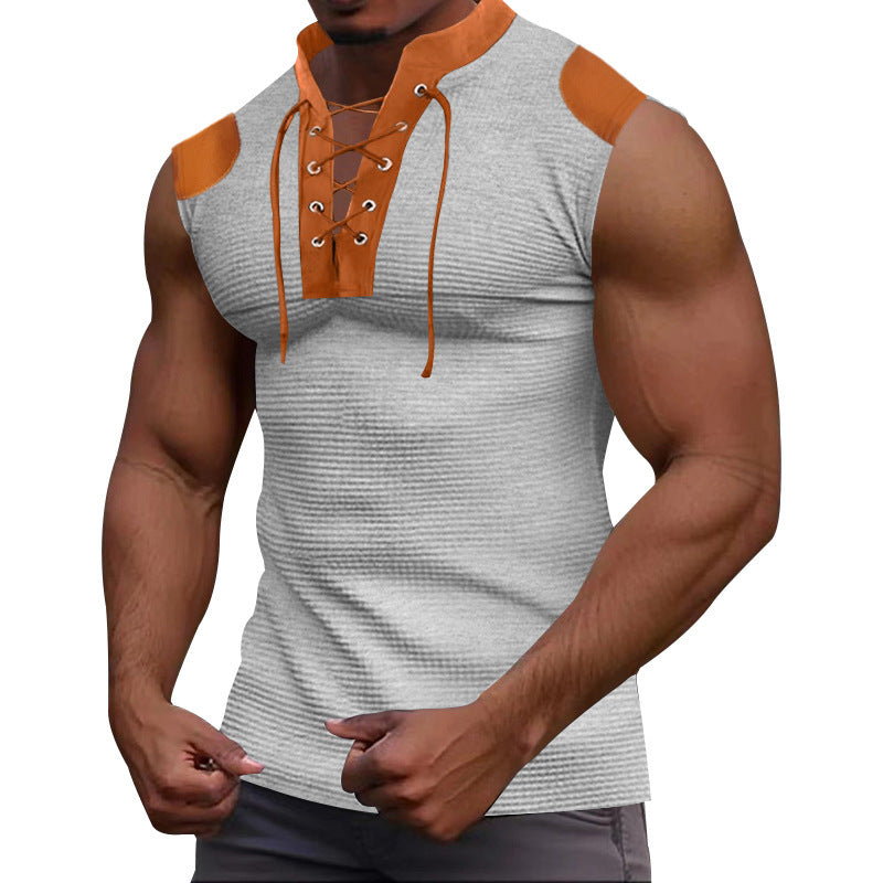 Casual Multicolor Lace-up V-neck Sleeveless T-shirt
