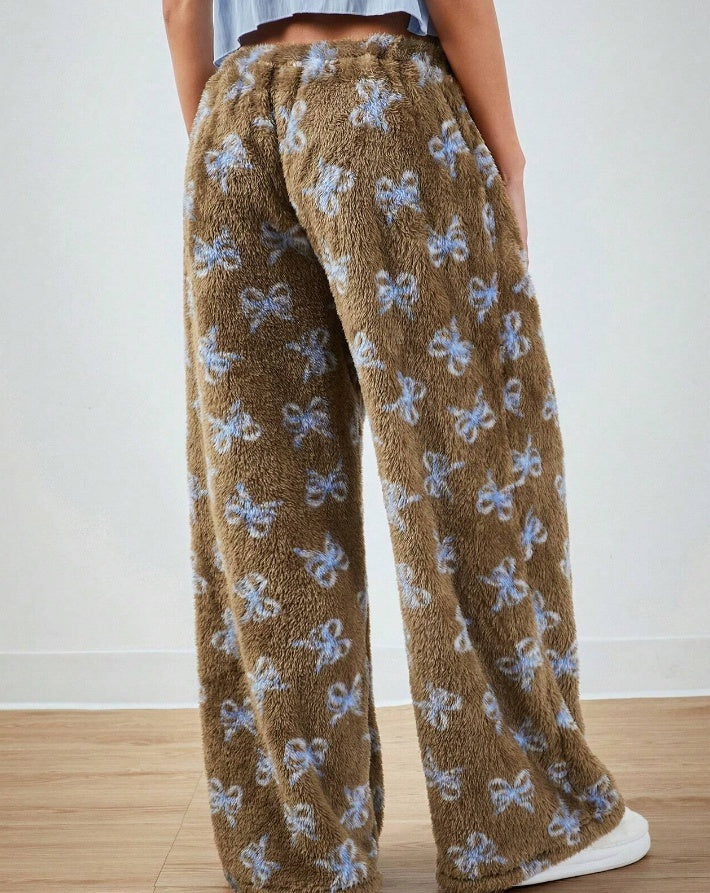 Blue Bow Patterned Wide Leg Pants