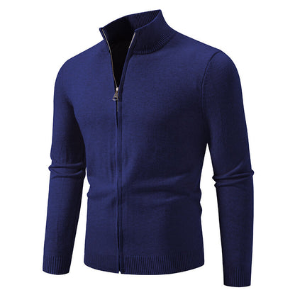 Stand Collar Simple Zipper Solid Color Cardigan Sweater