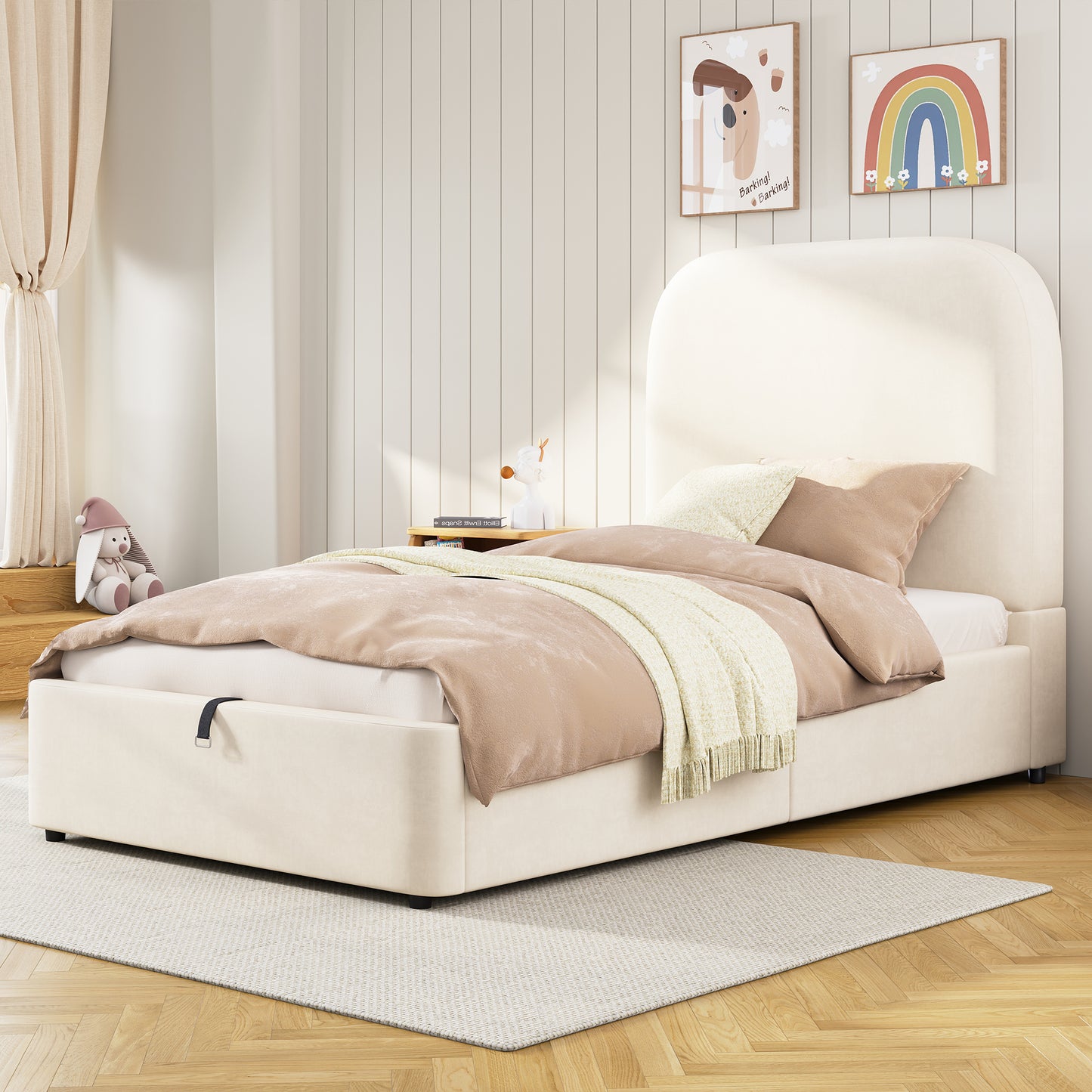 Upholstered Bed, Single Bed, Children's Bed, 3ft-90 X 190cm, Hydraulic Bed, Bed With Headboard And Large Storage Space, Upholstered Headboard, Velvet, Beige