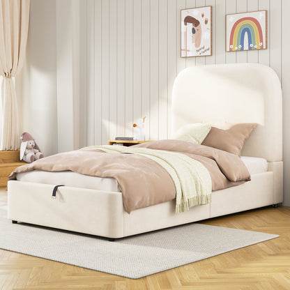 Upholstered Bed, Single Bed, Children's Bed, 3ft-90 X 190cm, Hydraulic Bed, Bed With Headboard And Large Storage Space, Upholstered Headboard, Velvet, Beige