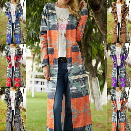 Geometric Print Cardigan Thickened Large Size Slim And Long Trench Coat