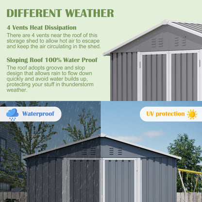 8x12 FT Outdoor Metal Storage Shed With Additional Side Door, Large Tool Shed With 2 Lockable Doors For Easy Access, Aluminum Frame, Grey Garden Patio Storage
