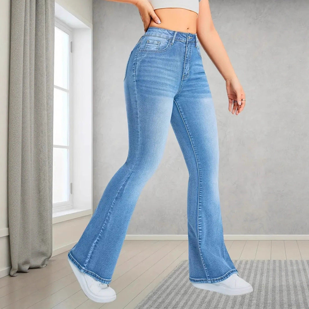 Pocket Design Loose Flared Pants Slim Fit Light Blue Trousers