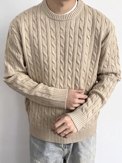 Minimalist Old-fashioned Cable Knit Crew Neck Sweater