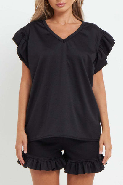 Ladies V Neck Frill Peplum Sleeve Top And Short 2 Piece Tracksuit Set