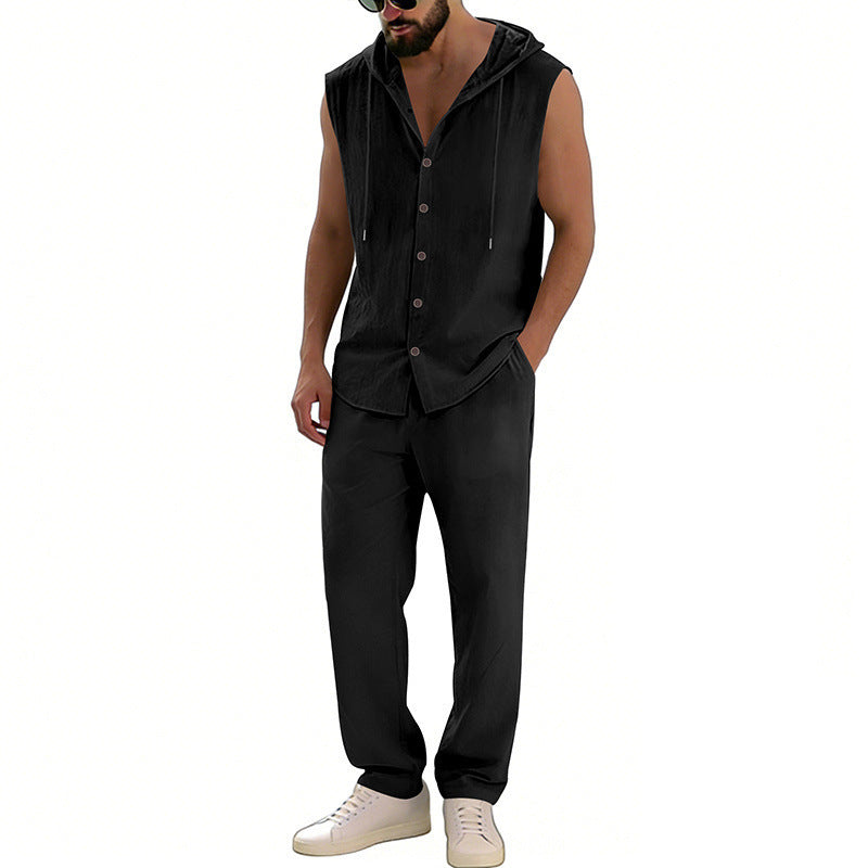 Loose-fitting Casual Hooded Sleeveless Shirt And Pants Set