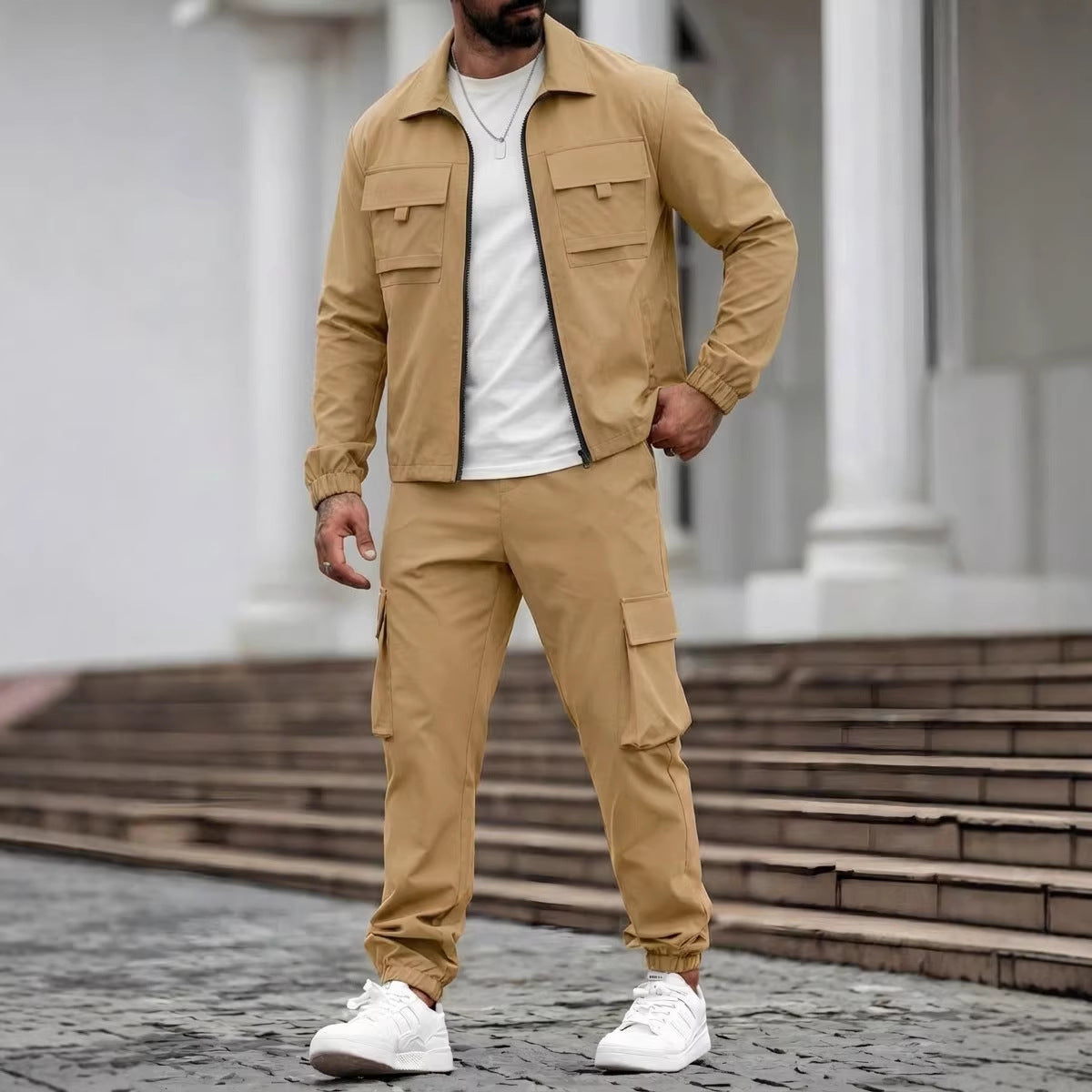 Mens Long-Sleeve Zip-Up Top And Pants Casual Workwear Set