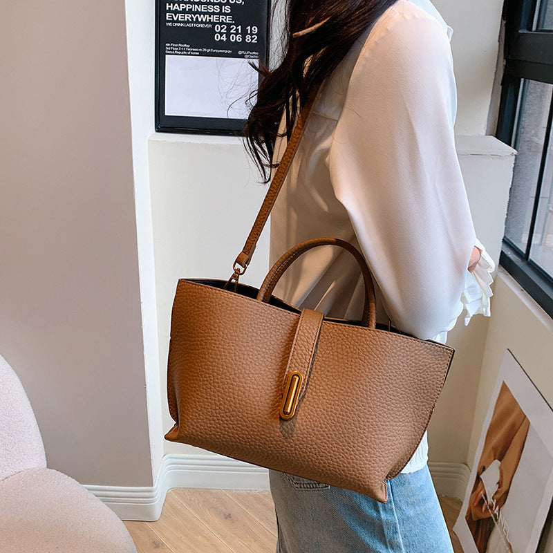INS Litchi Pattern Shoulder Bag Fashion Zipper Bucket Bag High Capacity Totes Handbag For Women