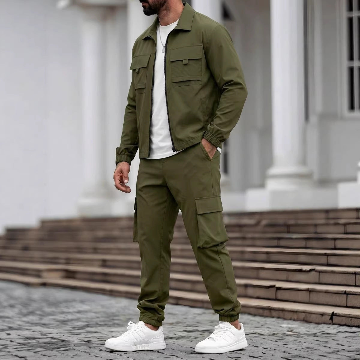 Mens Long-Sleeve Zip-Up Top And Pants Casual Workwear Set