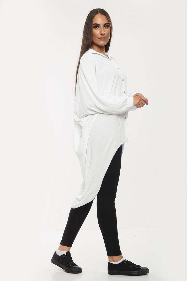 High-Low Oversized Button Long Top Shirt Dress With Hem And Long Sleeves