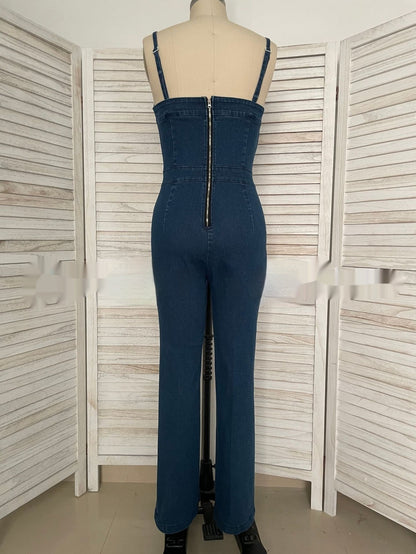 Women Sleeveless Denim Jumpsuit V Neck Wide Leg Flared Jumpsuit High Waist Back Zipper Slim Fit Denim Jumpsuit Jeans Overalls