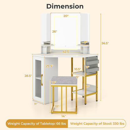 Corner Vanity Desk With Mirror And Lights Makeup Dressing Table With Triple Mirror