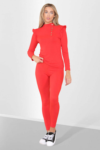 Side Buttons Frill Shoulder Side Neck Gold Button Detail Two Piece Loungewear Set