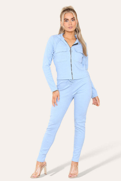 Front Pocket Zip Suit Ribbed Hooded Lounge Wear Set