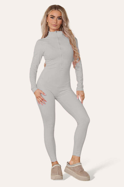 Ribbed High Neck Zipper Collar Jumpsuit Front Unitard Set