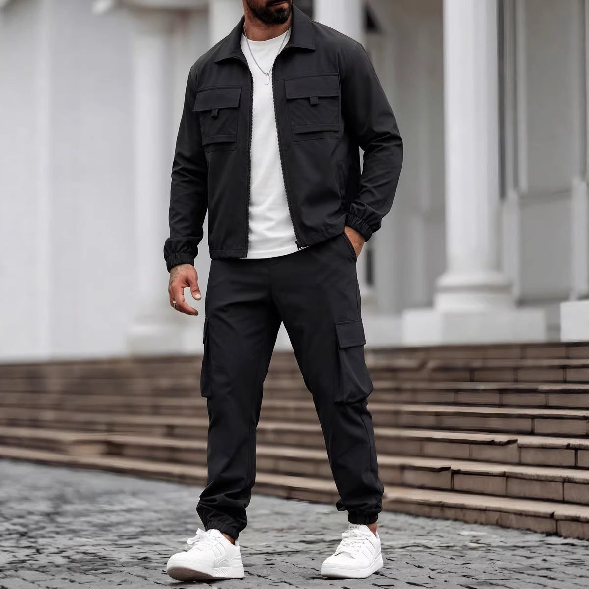 Mens Long-Sleeve Zip-Up Top And Pants Casual Workwear Set