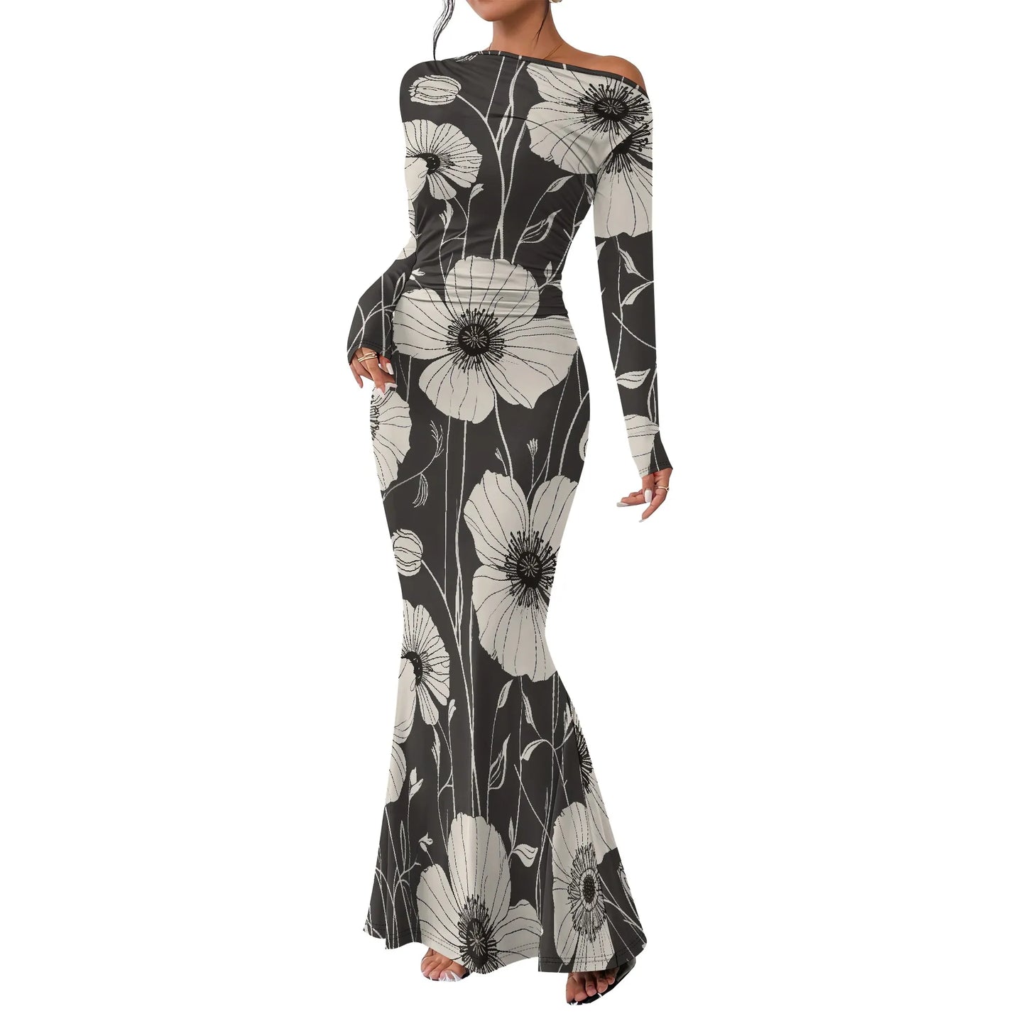 Women's 2025 Summer Casual Long Dresses Off Shoulder Long Sleeve Dress