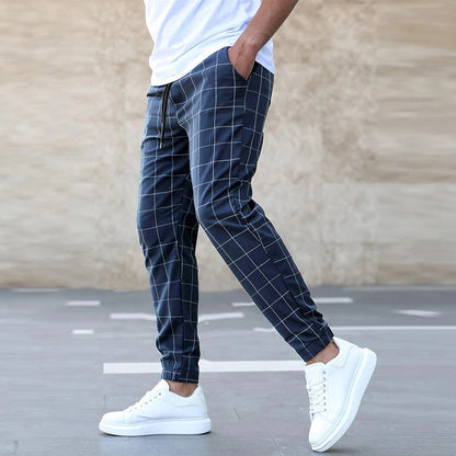 Fashion Plaid Print Pants Casual Drawstring Trousers Men's Clothing