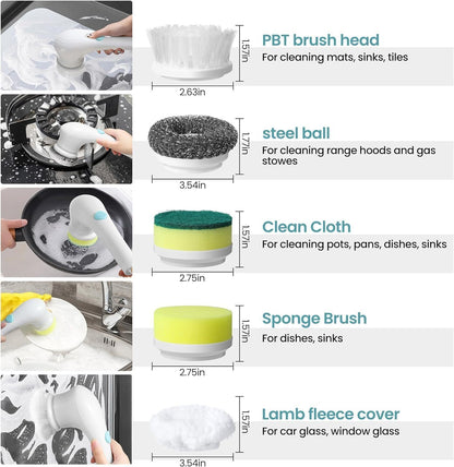 5 In 1 Handheld Electric Spin Scrubber Cleaning Brush Kitchen Rotating Cleaner