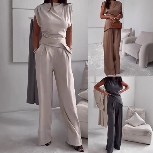 Women's Sleeveless Suit Fashion Slim Irregular Split Top And Straight Pants Solid Trouser Set
