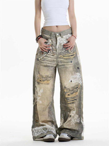 Cross Printed Jeans Women's Wide-leg Pants
