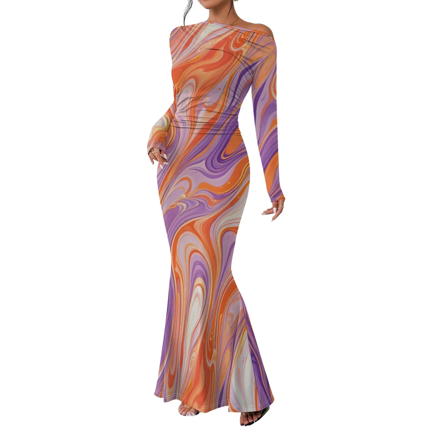 Women's 2025 Summer Casual Long Dresses Off Shoulder Long Sleeve Dress