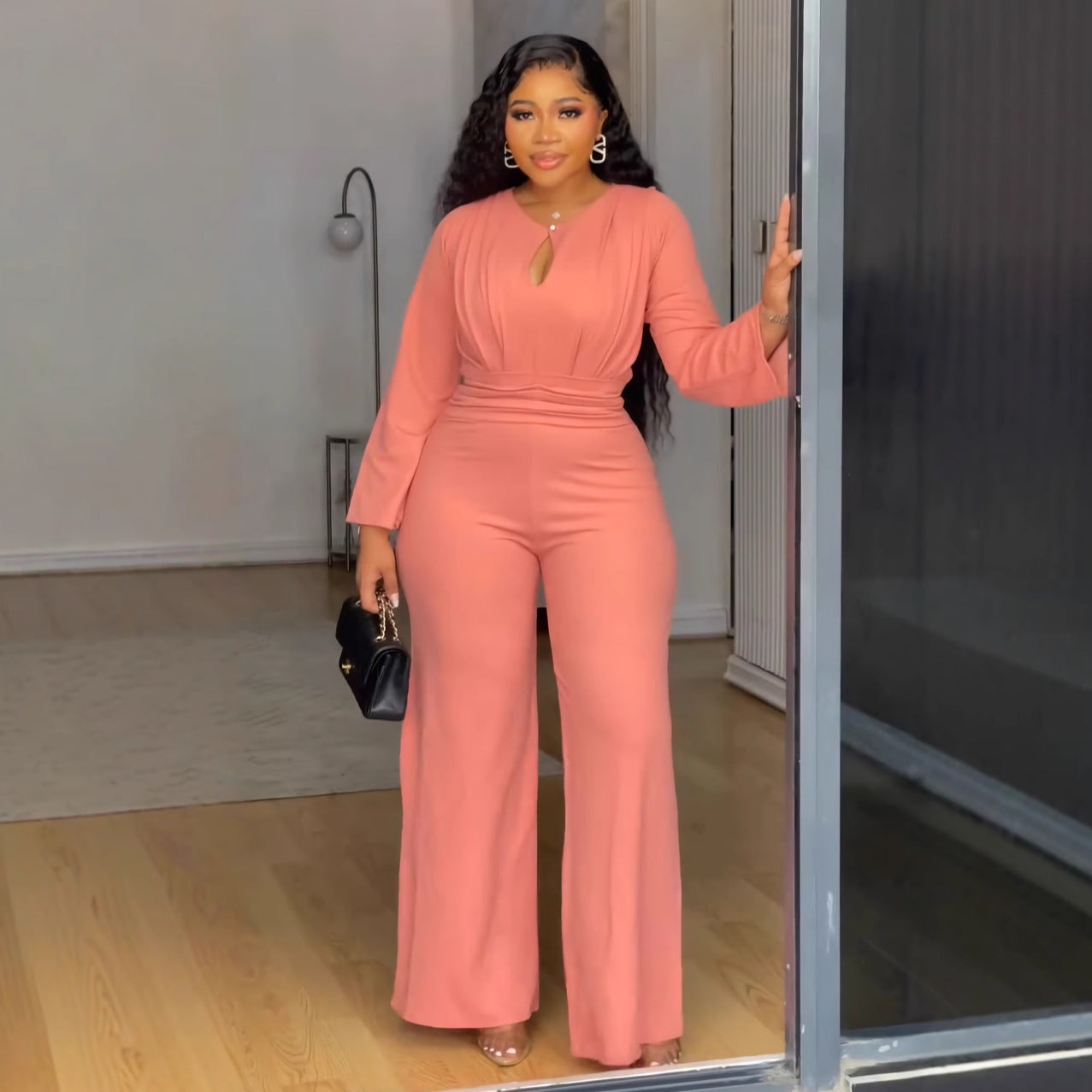 Elegant Stretch Slim Hollow-out Cinched Wide Leg Jumpsuit